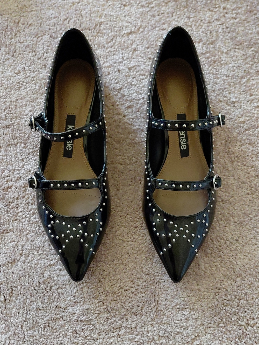 Kensie Black Patent Double-Strap Studded Pointed Flats